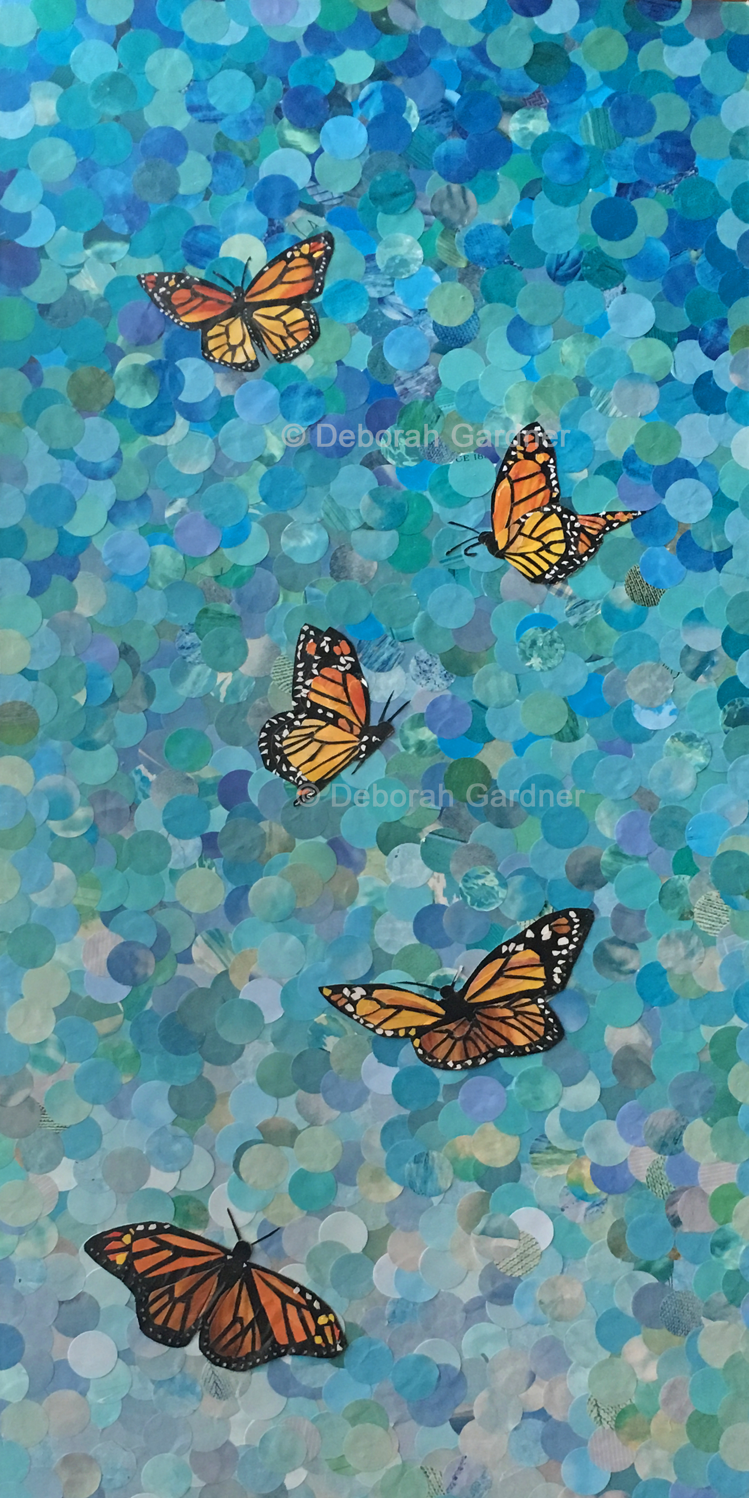 A vertical collage of monarch butterflies against a sky made of blue circles