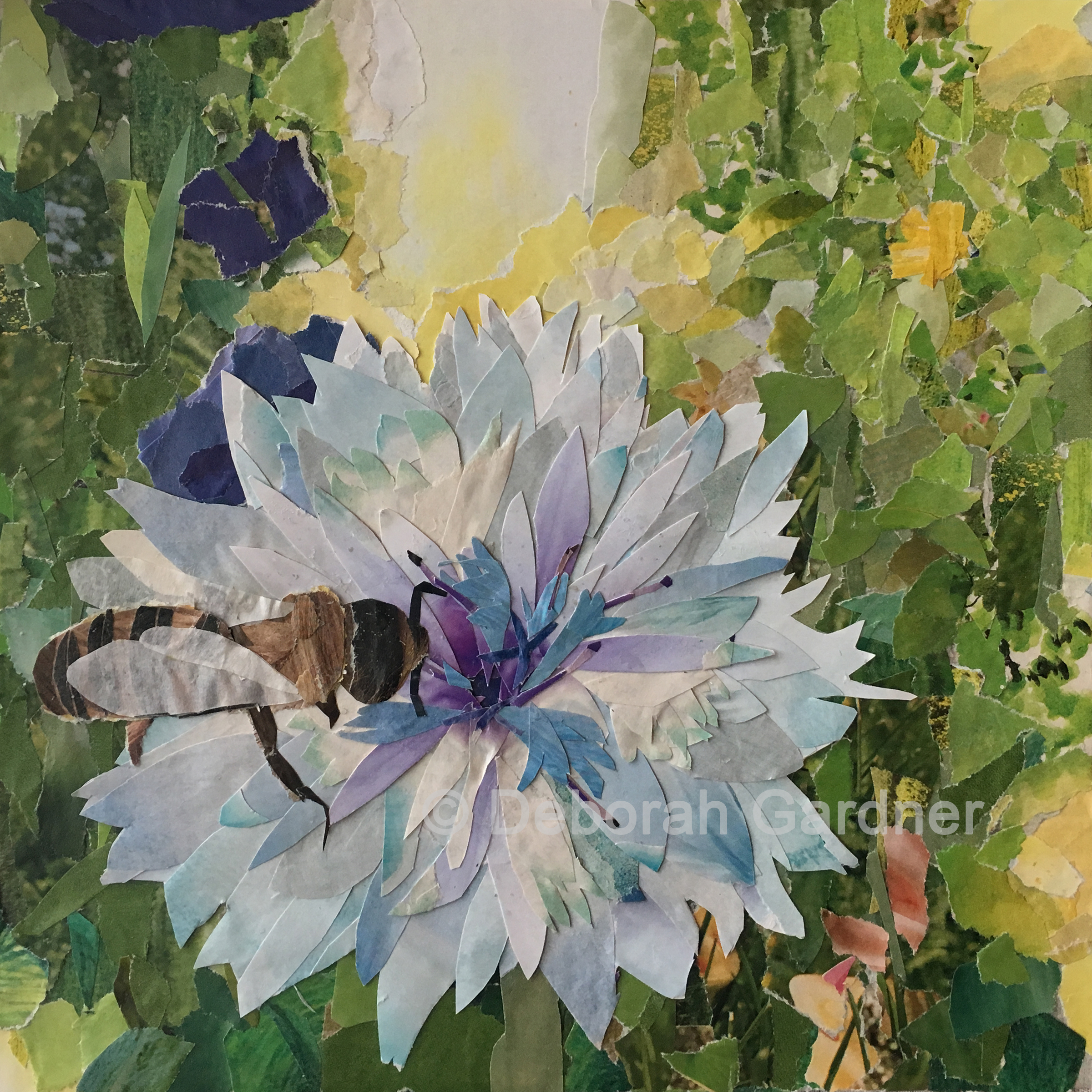 A collage depiction of a bee on a flower in an impressionist garden